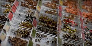 Fly table showing various fly-fishing flies.