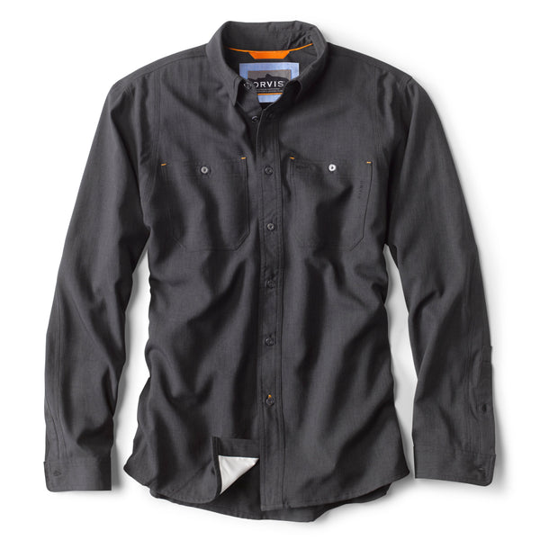 Dark grey shirt with white lining on a light gray background