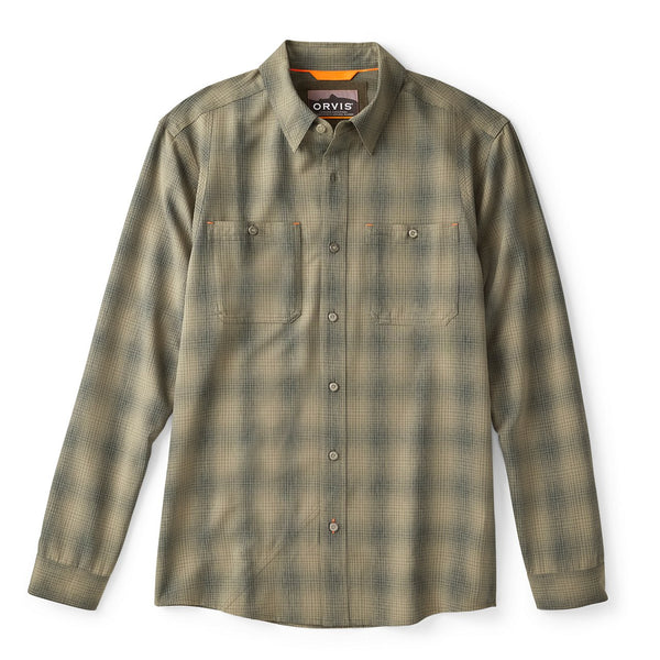Plaid shirt with 'Orvis' branding on a white background