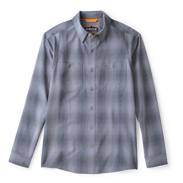 Gray plaid shirt with 'Orvis' branding on a white background