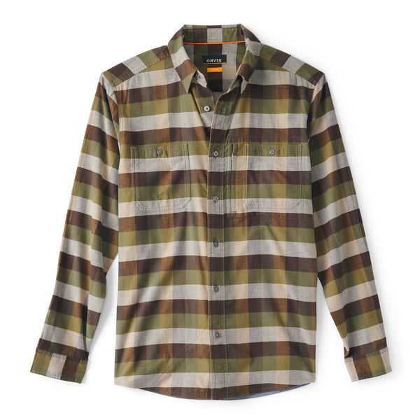 Plaid shirt with brown, green, and white pattern on a white background