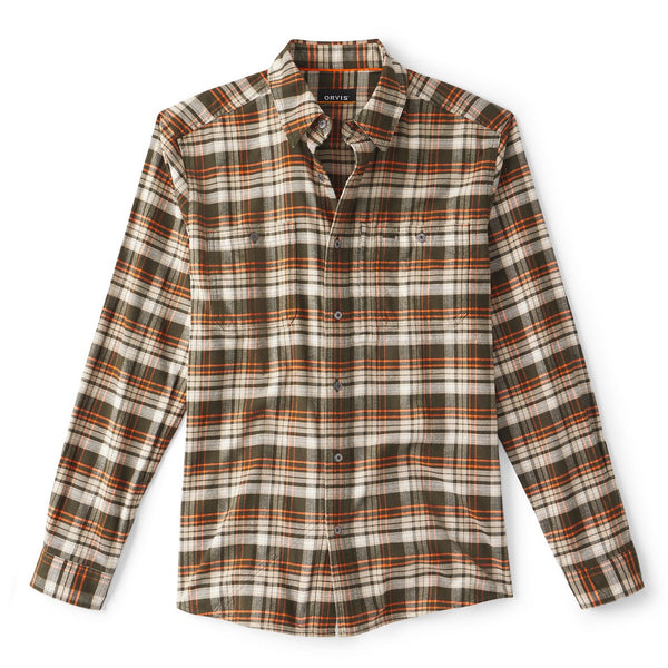 Plaid shirt with brown, beige, and orange pattern on a white background