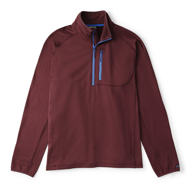 Maroon pullover with blue zipper on a white background