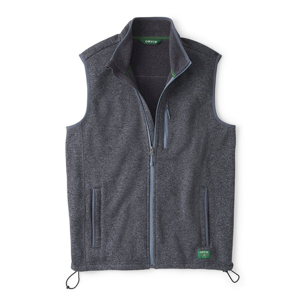 Grey fleece vest with brand logo on a white background