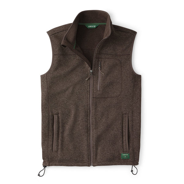 Brown fleece vest with Orvis logo on a white background