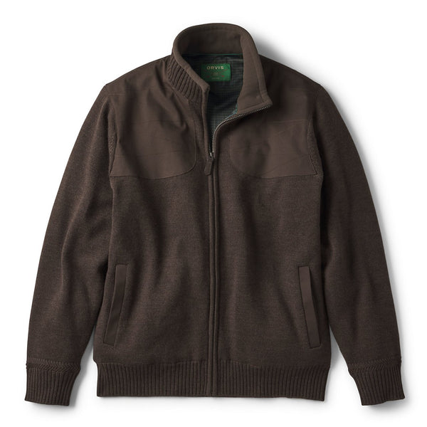 Brown jacket with a brand label on a light gray background