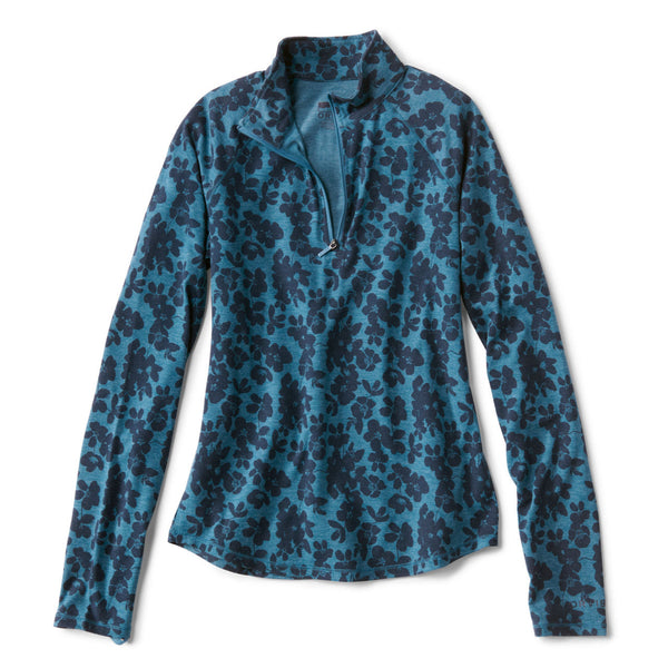 Blue floral patterned long-sleeve shirt on a white background