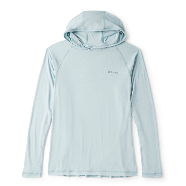Light blue hoodie with a brand logo on a white background