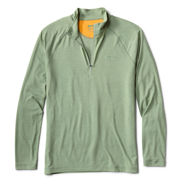 Green long-sleeve shirt with a quarter zip on a white background