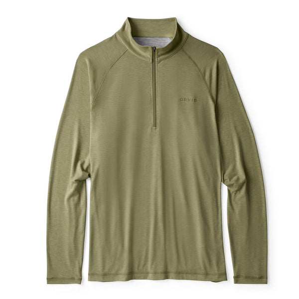Green long-sleeve shirt with a quarter zip on a white background