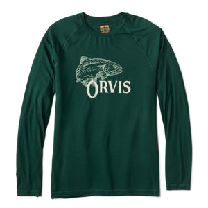 dark green long sleeved t-shirt with Orvis logo
