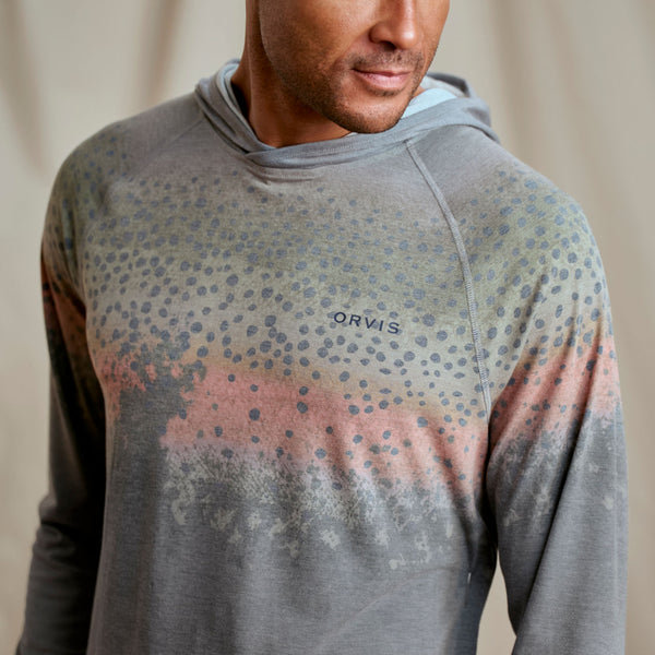 Closeup of Orvis hoodie and grey