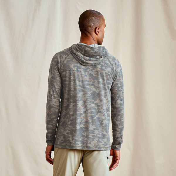 Man wearing a camouflage hoodie from behind on a plain background