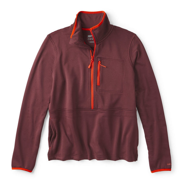 Maroon pullover with orange accents on a white background