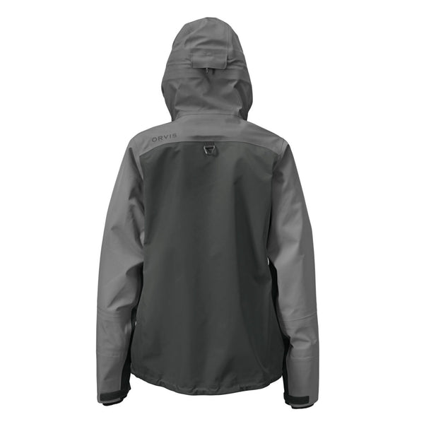 backside of waterproof grey jacket from Orvis