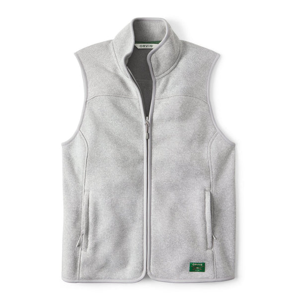 Grey fleece vest with a brand logo on a white background