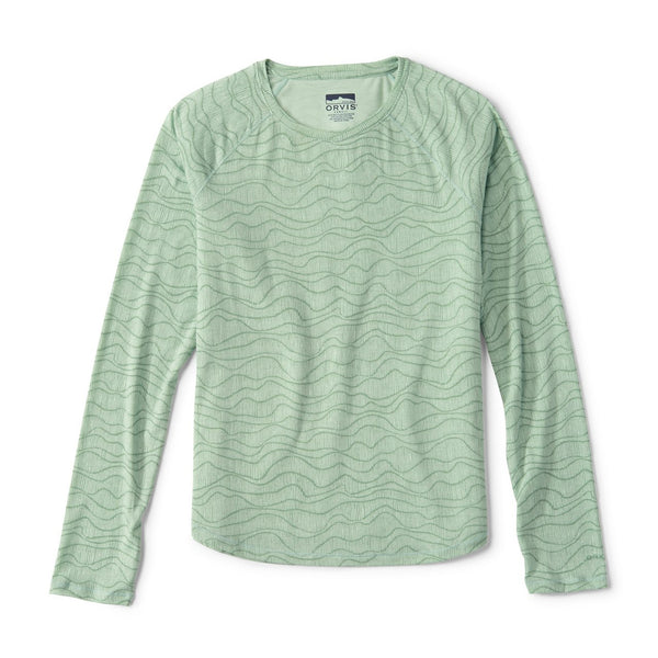 Green long-sleeve shirt with wavy pattern on a white background