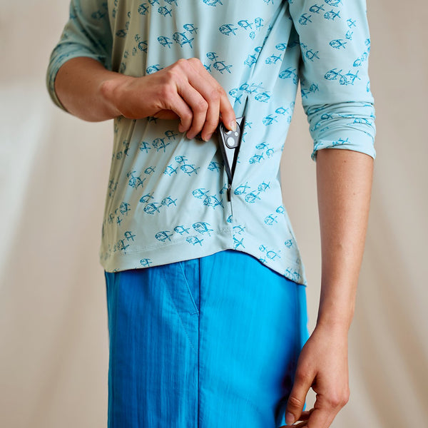 side view of light blue half zipped jumper