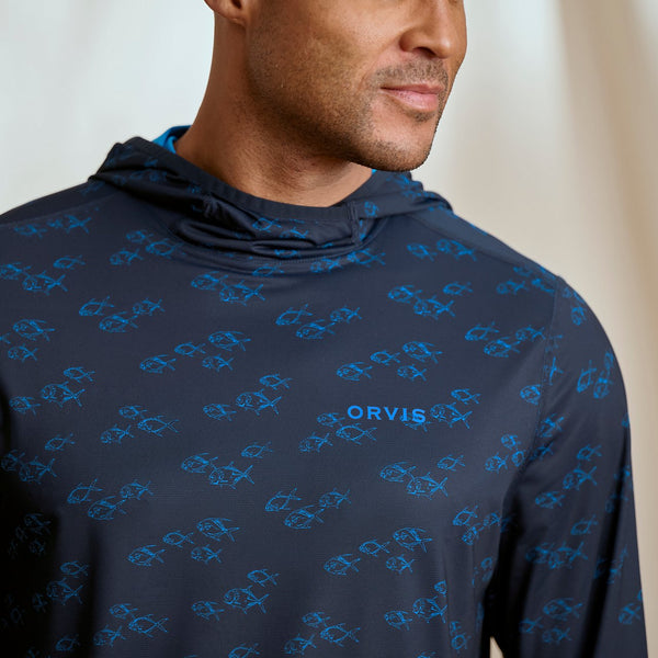 close up of Orvis hoodie for men with fish print