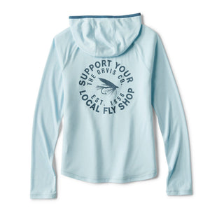 back of light blue hoodie with text on the back