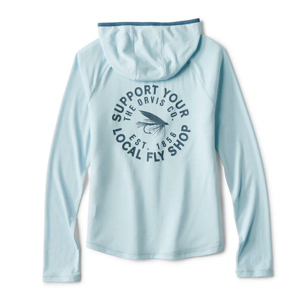 back of light blue hoodie with text on the back