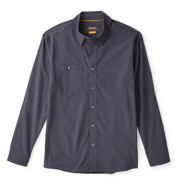 Dark grey button-up shirt with two front pockets on a white background