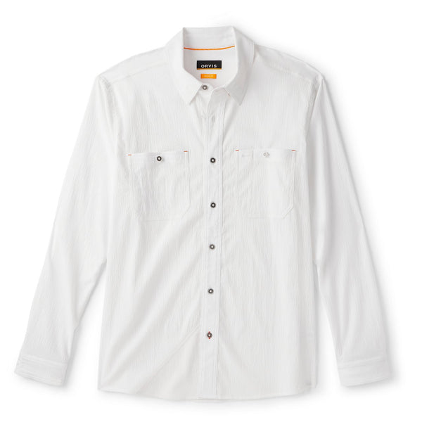 White button-up shirt with black buttons on a white background