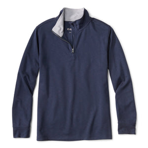 Navy long-sleeve shirt with grey collar on a white background