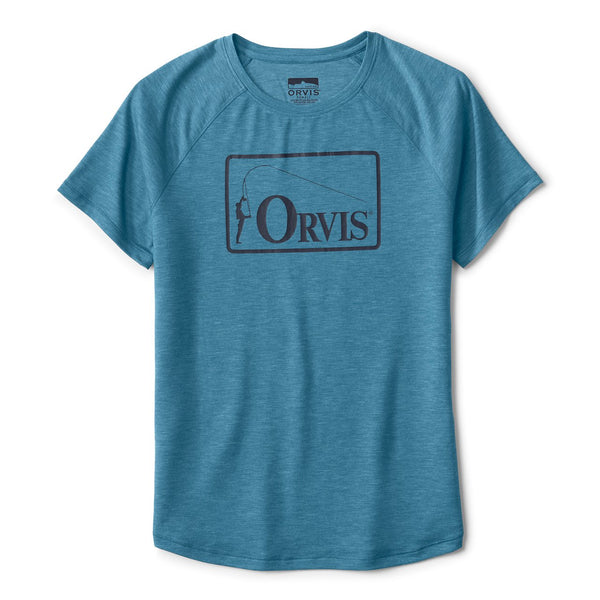 Blue t-shirt with Orvis logo on a white background