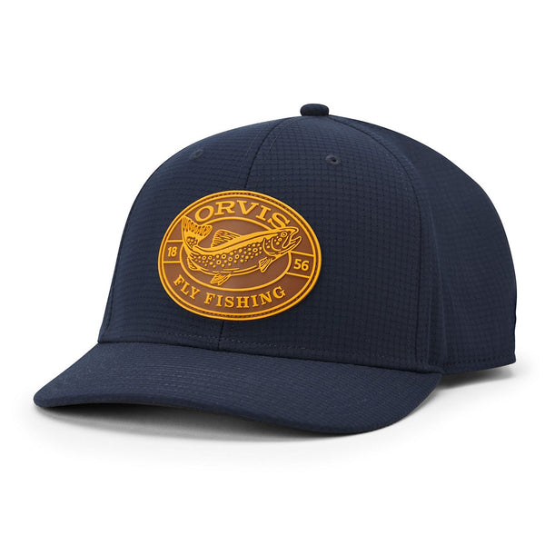 Navy blue cap with yellow Orvis Fly Fishing logo on a white background