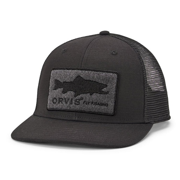 Black mesh cap with Orvis logo on a white background