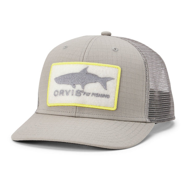 Gray trucker hat with a shark patch and 'Orvis Fly Fishing' logo on a white background