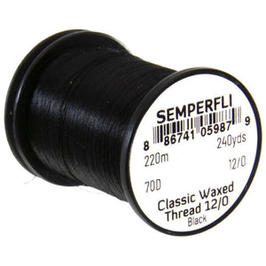 A spool of Semperfli Classic Waxed Thread 12/0 in black color.