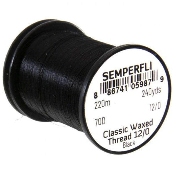 A spool of Semperfli Classic Waxed Thread 12/0 in black color.