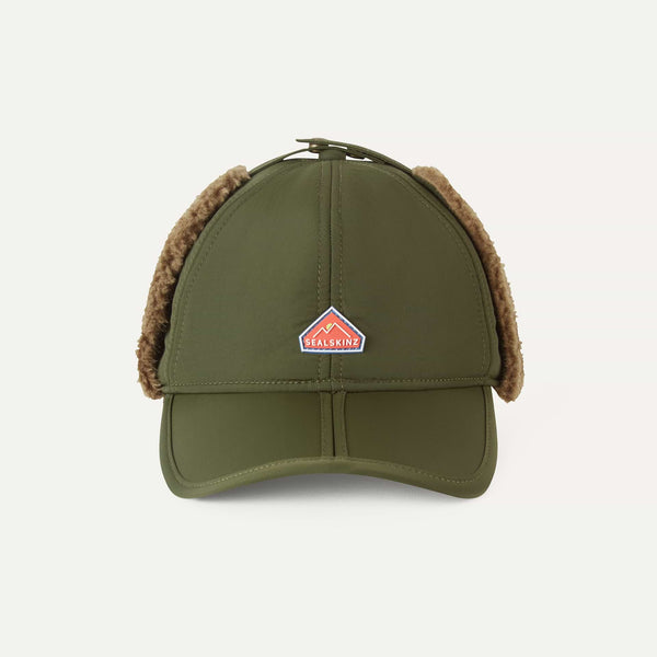 Green cap with brown ear flaps and a visible brand logo on a light gray background