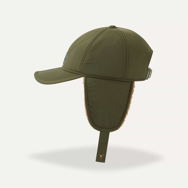Green cap with face coverage on a white background