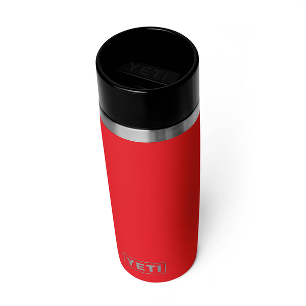 Red YETI insulated mug with black lid on a white background