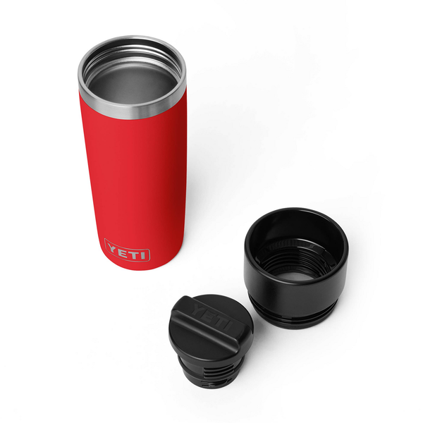 Red YETI insulated mug with black lid and base on a white background