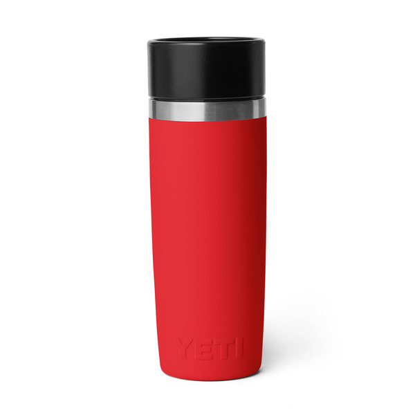 Red YETI tumbler with a black lid on a white background