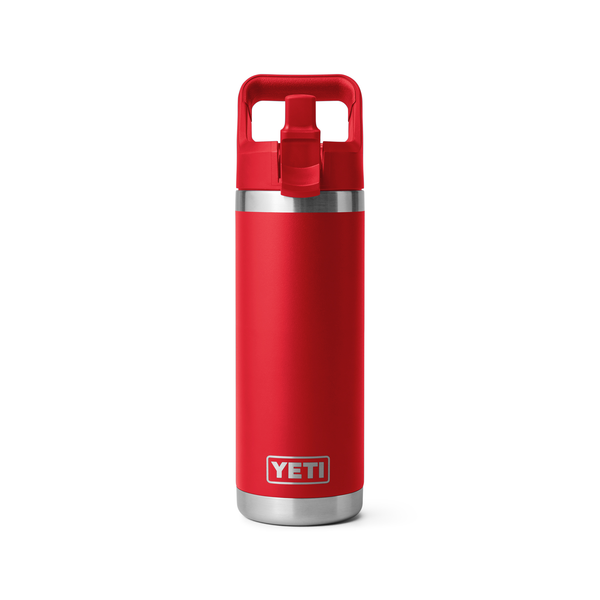 Red YETI water bottle with a silver base and cap on a white background