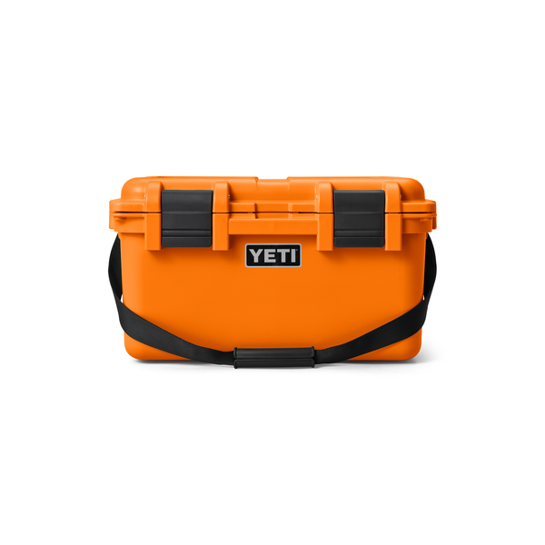 Orange YETI cooler with black straps on a white background