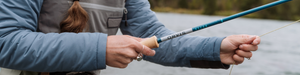 An angler slides a fly rod out of a car-top holder.