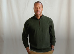 man wearing green half zipped sweater