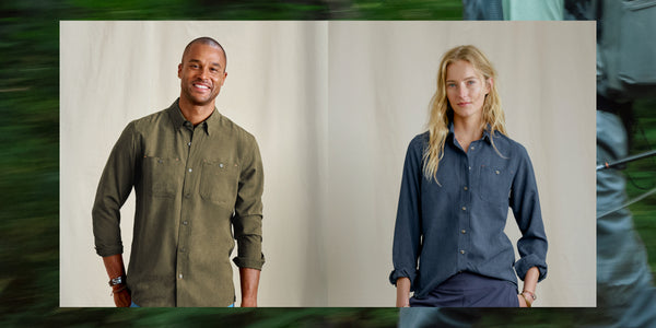Promo banner showing man and woman wearing green and blue shirts