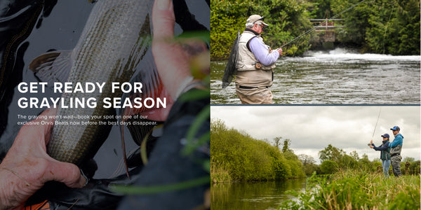 Fishing-themed collage with text 'Get Ready for Grayling Season' and images of a grayling, a person fishing, and two people fishing together.