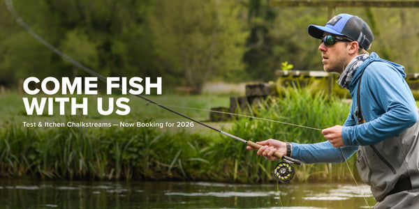 Man fly fishing in a natural setting with text promoting a fishing event.