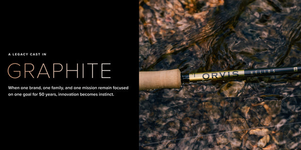 Orvis fishing rod on a riverbank with text about the brand's legacy.