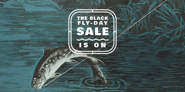 Fish illustration with 'The Black Fly Day Sale Is On' text overlay on a nature-themed background