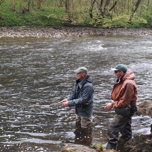 Two men wading and fly fishing