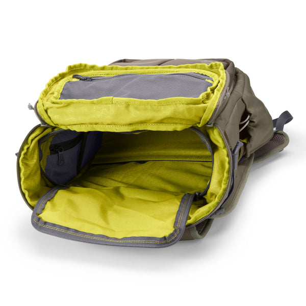 inside of dark grey fishing pack from Orvis